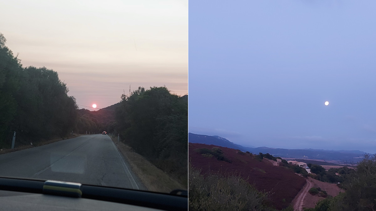 Sole all'alba e tramonto della luna in Sardegna