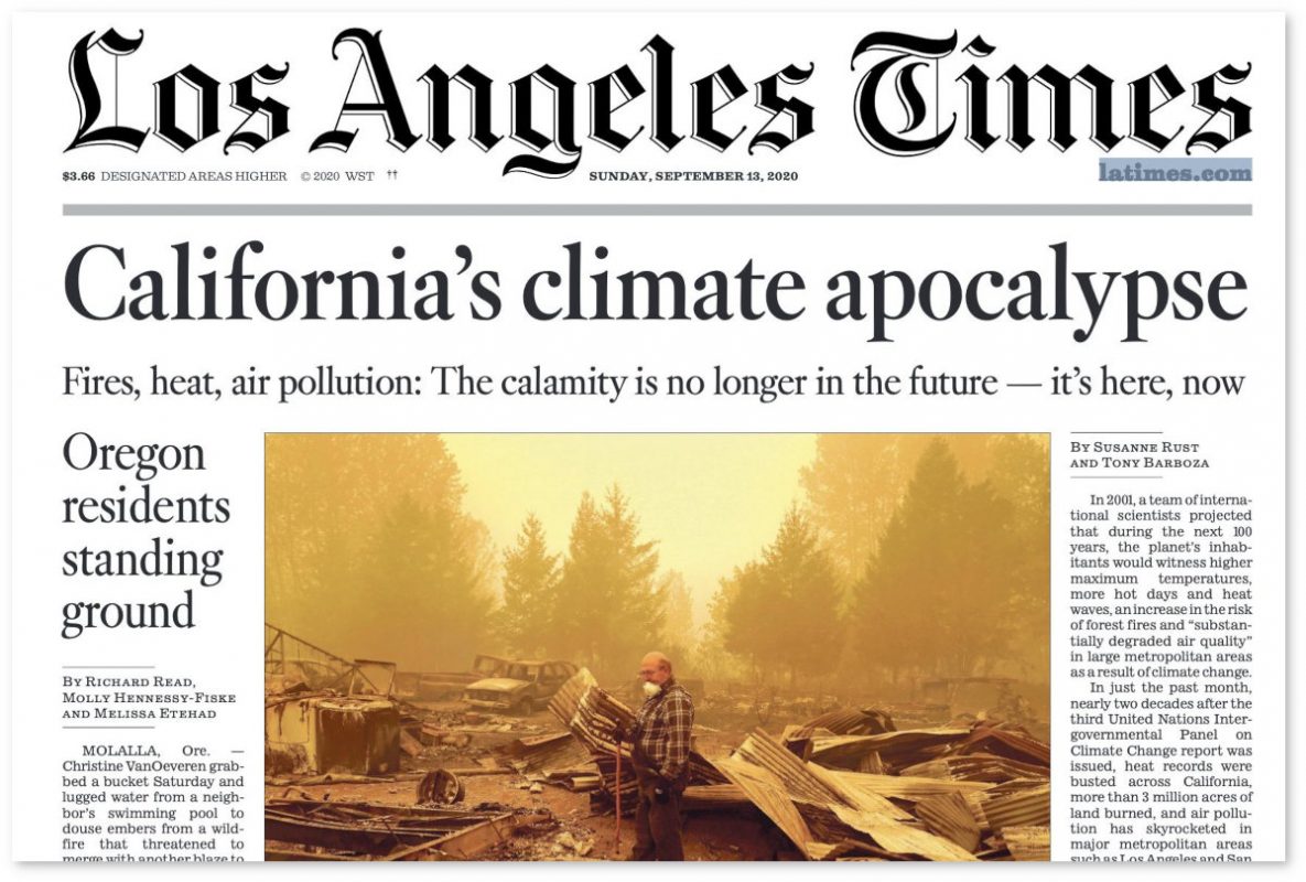 Titolo del Los Angeles Times sugli incendi in California nel 2020