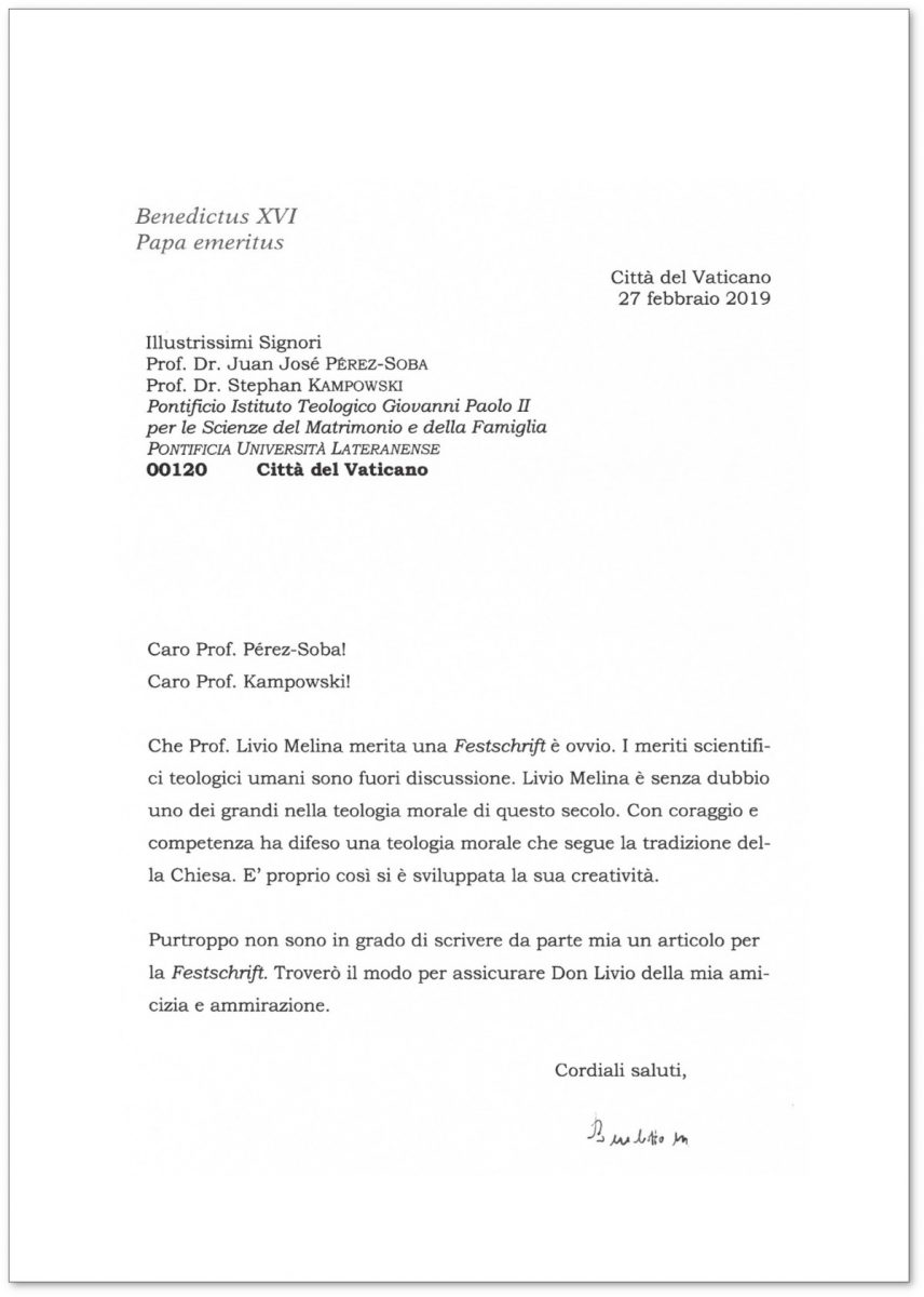 Lettera di Benedetto XVI per Livio Melina