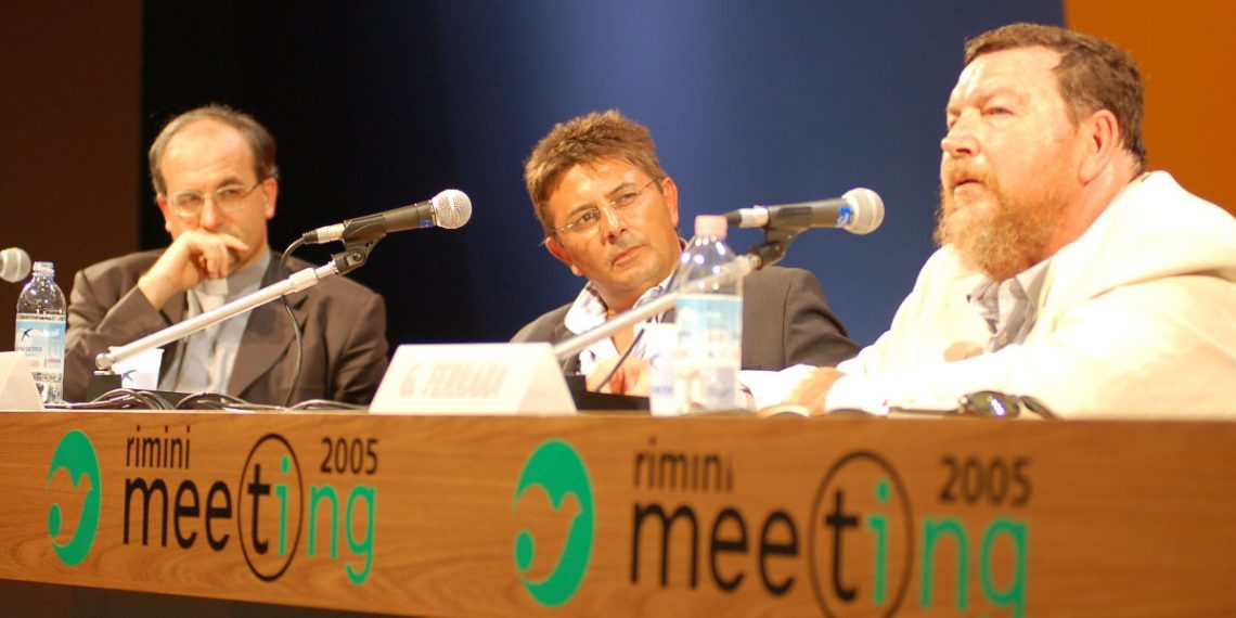 Don Stefano Alberto, Luigi Amicone, Giuliano Ferrara sul palco del Meeting di Rimini 2005