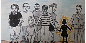 Foto di gruppo con gli amici volontari dell'associazione Incontro e Presenza disegnata dal detenuto Ivan Maria