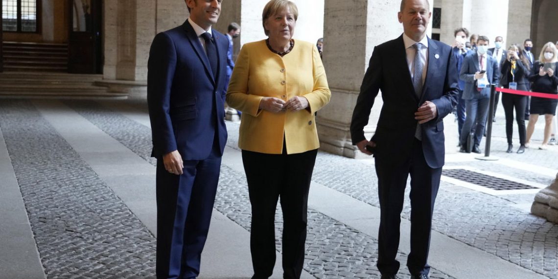 Emmanuel Macron, Angela Merkel, Olaf Scholz