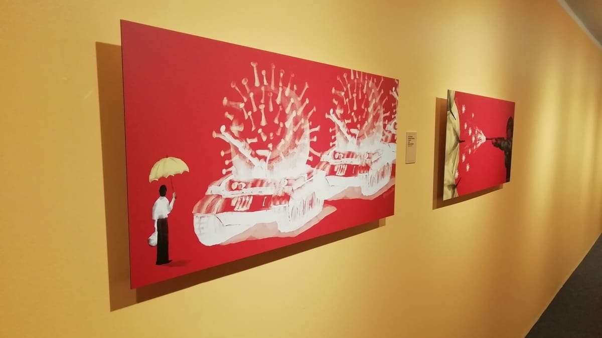 Una delle opere di Badiucao in mostra a Brescia