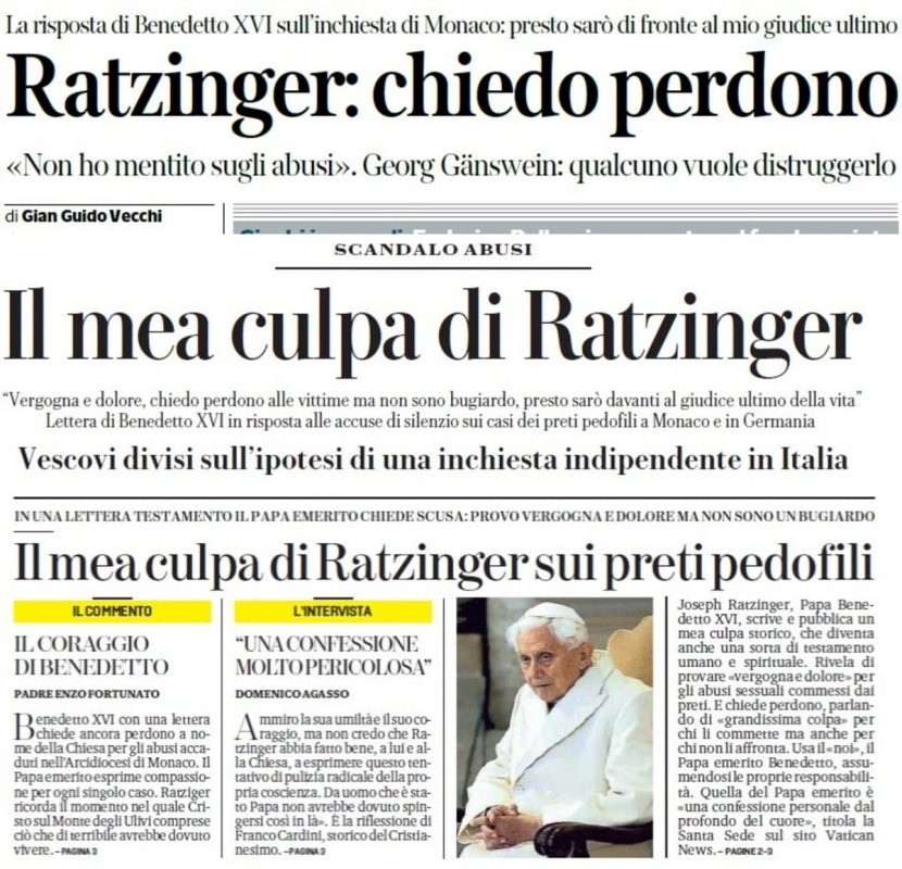 Benedetto XVI e abusi. I titoli, dall'alto, di Corriere della Sera, Repubblica e Stampa 