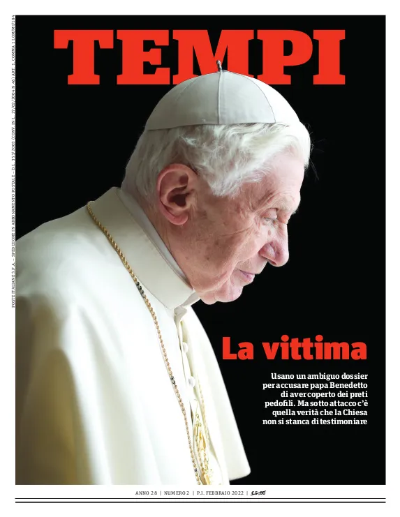 La copertina del numero di febbraio 2022 di Tempi, dedicata a Benedetto XVI e al pedofilia nella Chiesa