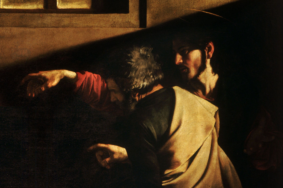 Caravaggio, Vocazione di san Matteo (particolare di Cristo e san Pietro)