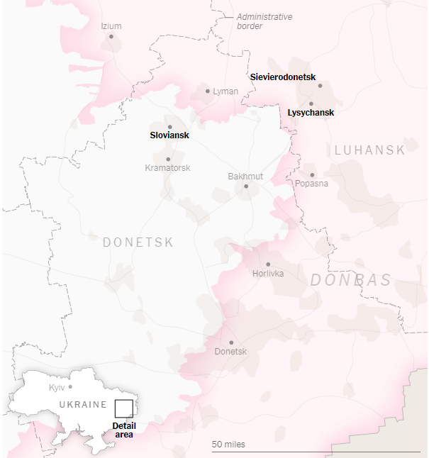 La mappa del Donbass sotto attacco da parte dei russi in Ucraina