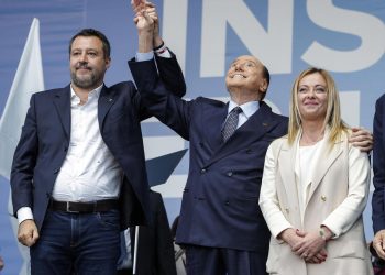 Da sinistra: Matteo Salvini, Silvio Berlusconi, Giorgia Meloni, Piazza del Popolo, Roma, 22 settembre 2022