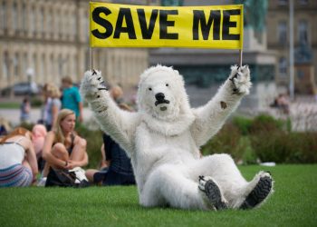 Militante ambientalista travestito da orso polare