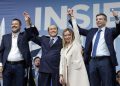 Il leader del centrodestra MAtteo Salvini, Silvio Berlusconi, Giorgia Meloni e Maurizio Lupi in Piazza del Popolo a Roma, il 22 settembre 2022