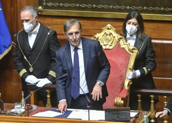 Il neo eletto presidente del Senato Ignazio La Russa, durante il discorso di insediamento in occasione della seduta del Senato, Roma, 13 ottobre 2022