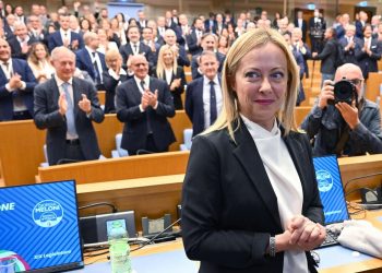 La presidente di FdI, Giorgia Meloni, durante l'assemblea degli eletti di Fratelli d'Italia nell'Auletta dei gruppi parlamentari della Camera dei Deputati, Roma, 10 ottobre 2022.