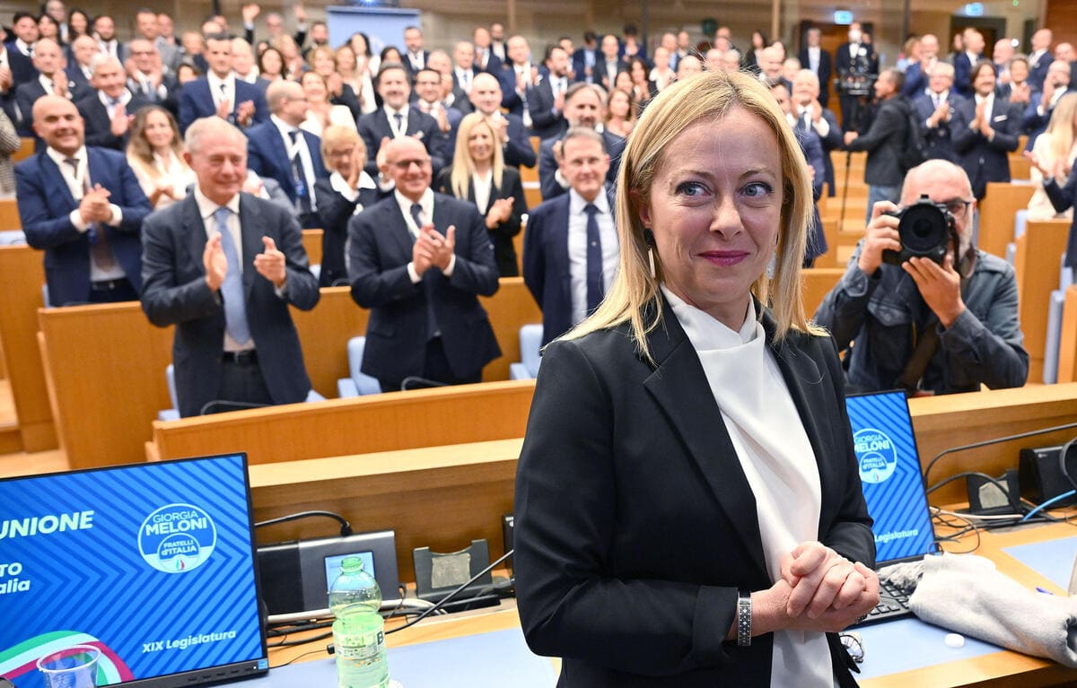 La presidente di FdI, Giorgia Meloni, durante l'assemblea degli eletti di Fratelli d'Italia nell'Auletta dei gruppi parlamentari della Camera dei Deputati, Roma, 10 ottobre 2022.