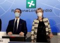 Attilio Fontana e Letizia Moratti alla conferenza stampa sulle vaccinazioni anti Covid a palazzo Lombardia a Milano, 2 febbraio 2021
