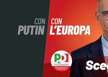 Un cartellone del Pd contro la guerra in Ucraina