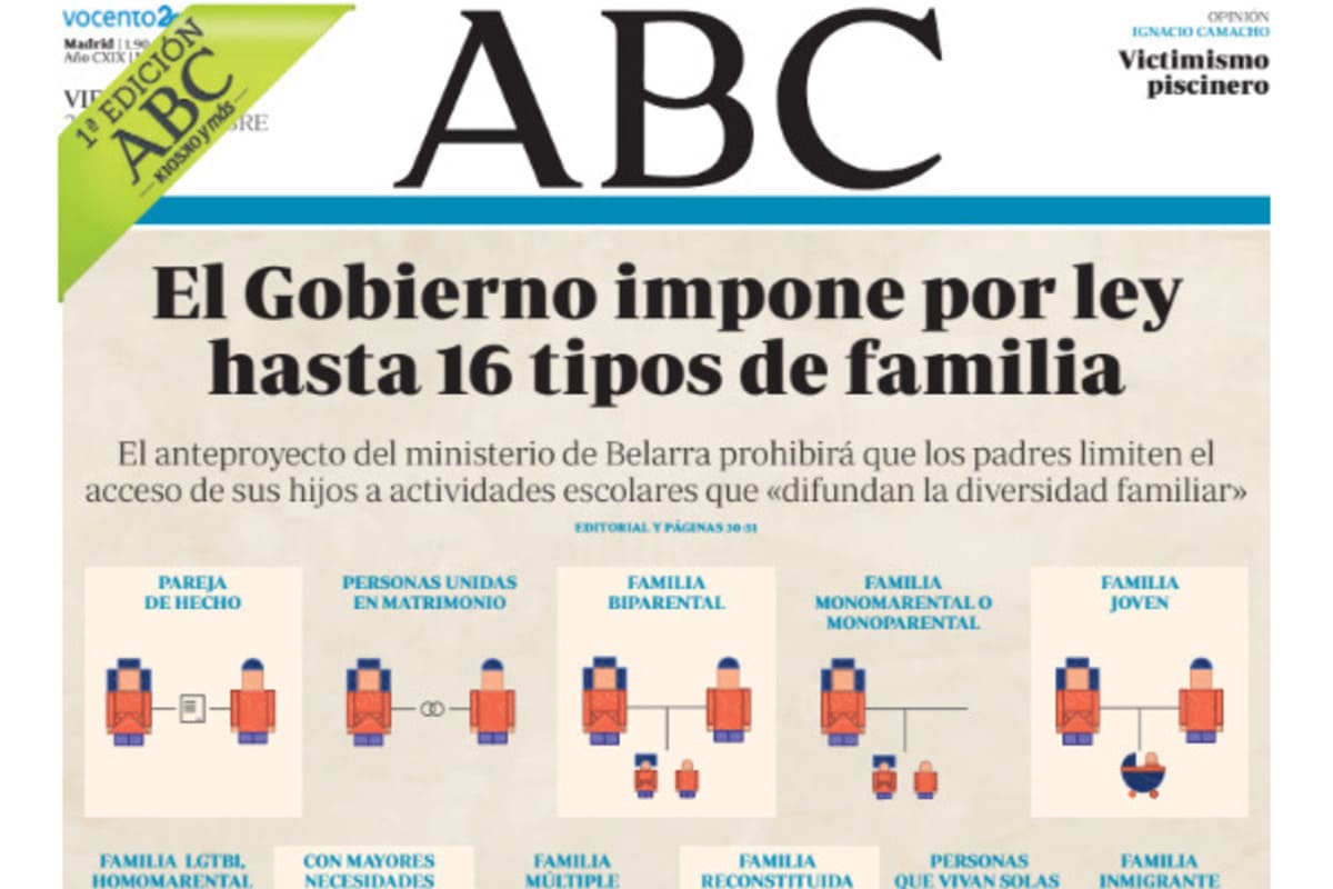Spagna, la prima pagina di Abc dedicata alla "ley de familias" di Ione Belarra 