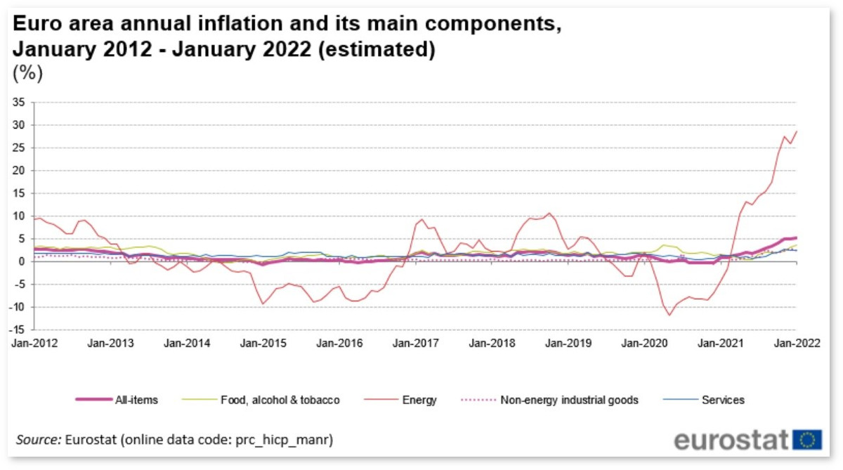 Grafico: Andamento dell’inflazione annuale nell’area dell’euro e delle sue componenti da gennaio 2012 a gennaio 2022 (stima)