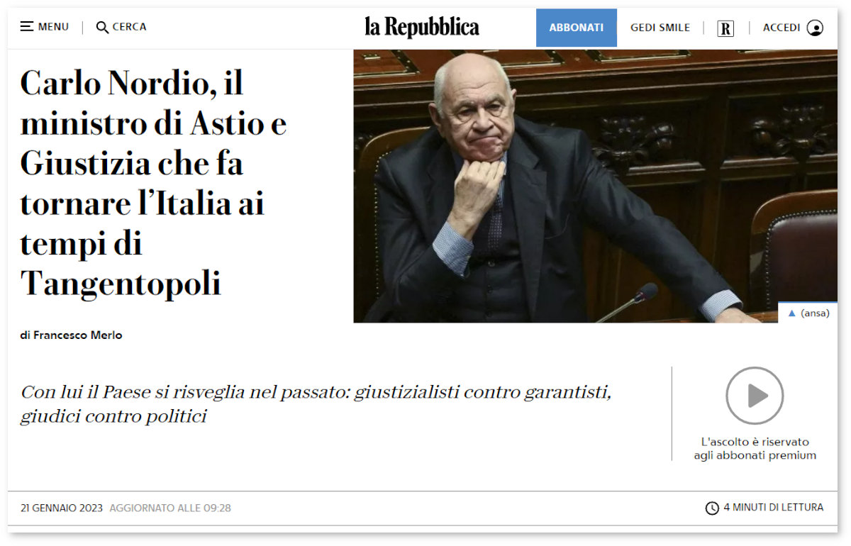 Ritratto di Francesco Merlo contro Carlo Nordio per il quotidiano La Repubblica