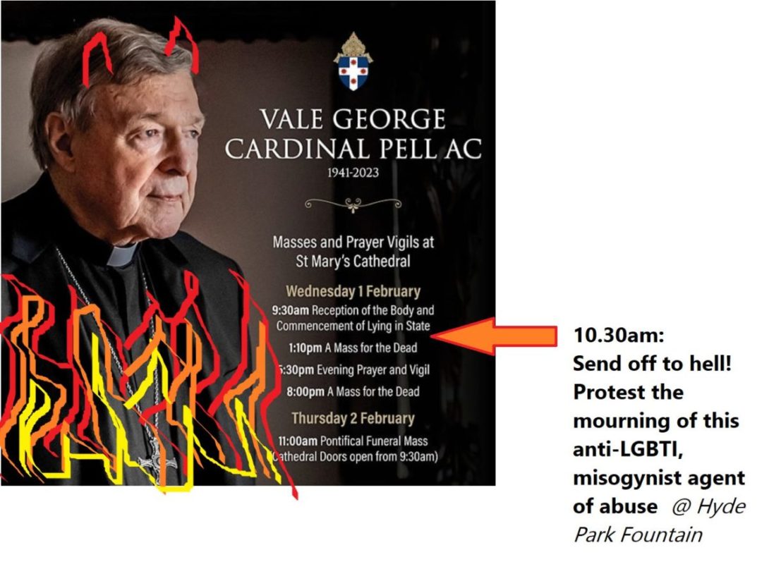 Protesta contro George Pell il giorno del suo funerale a Sydney