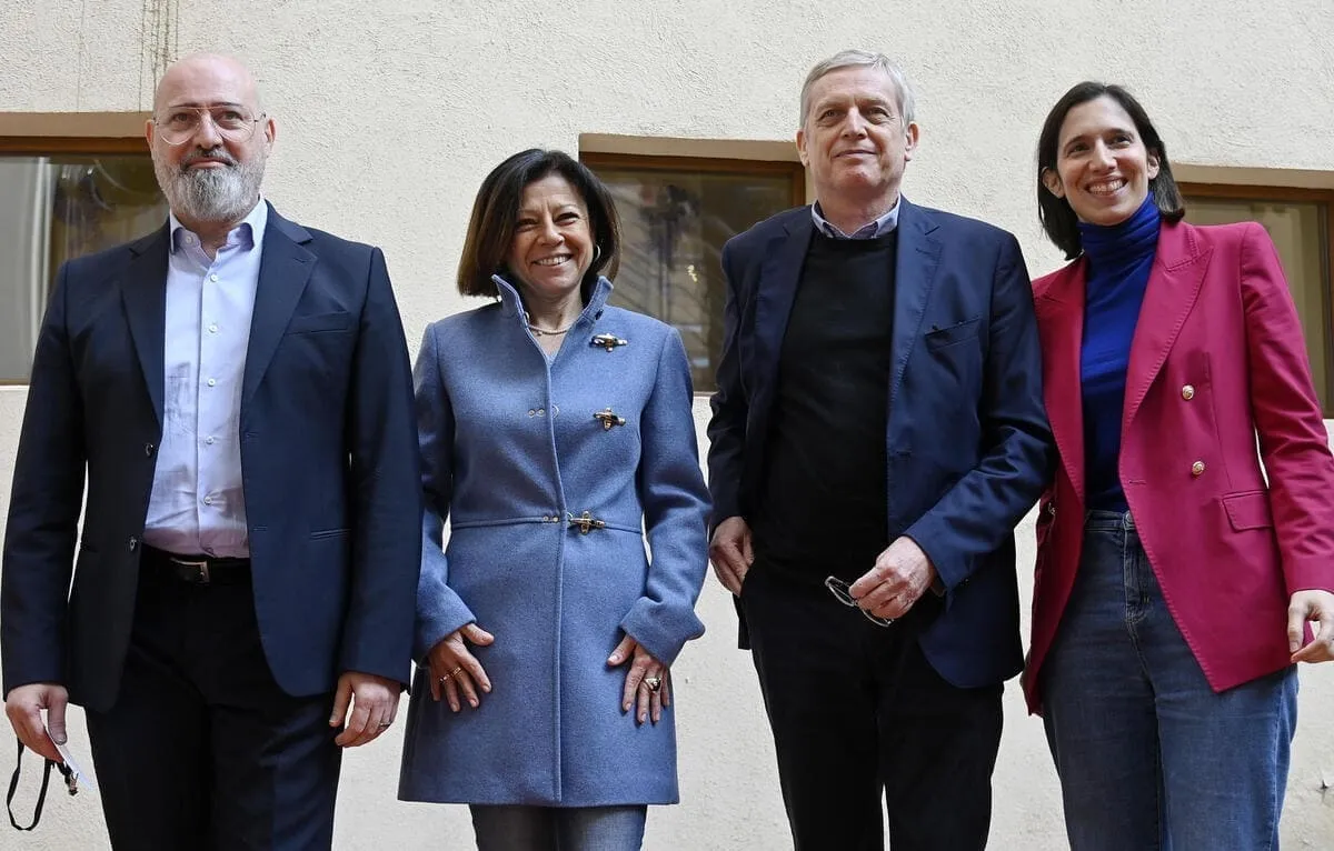 I quattro candidati alla segreteria del Partito Democratico: Stefano Bonaccini, Paola De Micheli, Gianni Cuperlo ed Elly Schelin, Roma, 21 gennaio 2023 (Ansa)