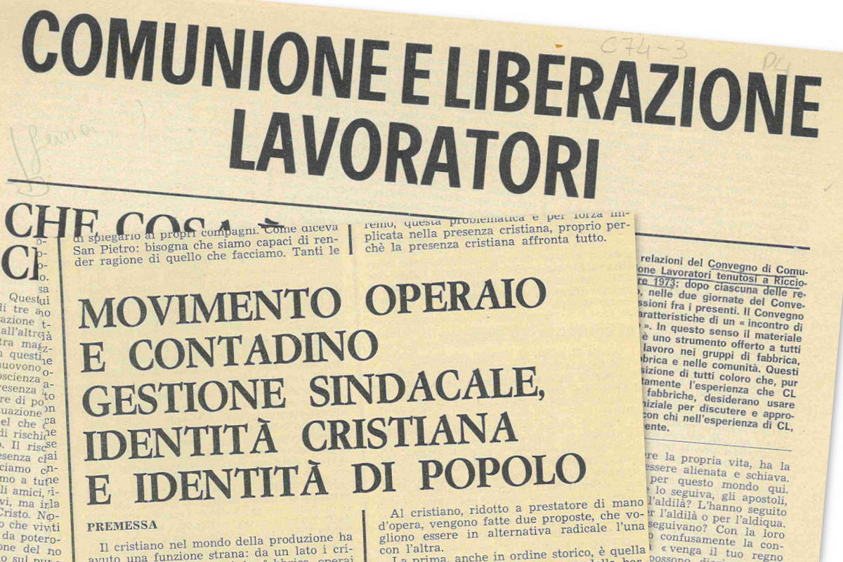 Ritagli del quartino su cui furono pubblicate le relazioni del convegno di Comunione e Liberazione Lavoratori del dicembre 1973 a Riccione