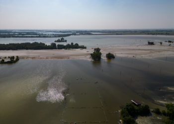 Una veduta aerea di Selva Malvezzi (Bo) nei pressi del Ponte della Motta, crollato a causa dell'alluvione che ha colpito l'Emilia-Romagna