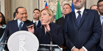 I leader del centrodestra Silvio Berlusconi, Giorgia Meloni e Matteo Salvini al Quirinale per le consultazioni