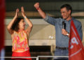 L’esultanza del leader socialista e premier spagnolo Pedro Sánchez per il risultato delle elezioni di domenica 24 luglio 2023