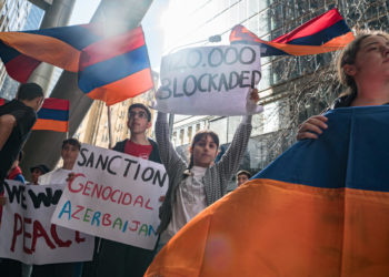 Protesta a Sydney, Australia, contro l’isolamento della Repubblica dell’Artsakh (Nagorno-Karabakh) a opera dell’Azerbaigian, 1 settembre 2023