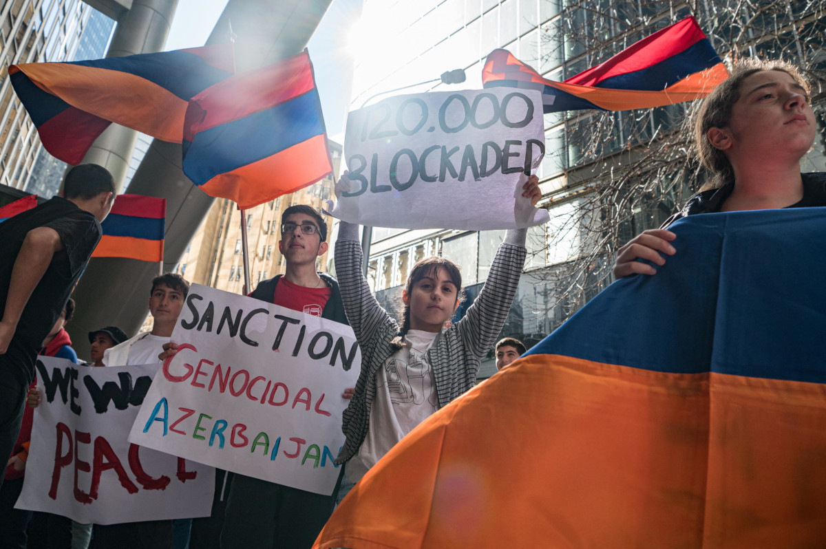 Protesta a Sydney, Australia, contro l’isolamento della Repubblica dell’Artsakh (Nagorno-Karabakh) a opera dell’Azerbaigian, 1 settembre 2023