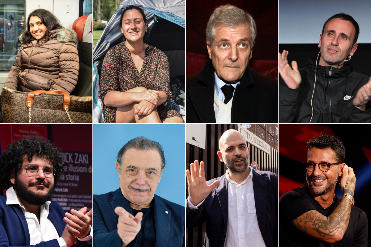 Da in alto a sinistra, in senso orario, Giuseppina Giuliano, la bidella pendolare da Napoli a Milano (poi assegnata a Caivano); Ilaria Lamera, capostipite del “popolo delle tende” a Milano; lo scrittore Alain Elkann; il fumettista anti Israele Zerocalcare; l’attivista egiziano e cittadino onorario bolognese Patrick Zaki; il comico Nino Frassica; l’opinionista Roberto Saviano; il re del gossip Fabrizio Corona