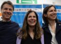 Giuseppe Conte, Alessandra Todde e Elly Schlein al quartier generale di Todde, eletta nuova governatrice della Sardegna