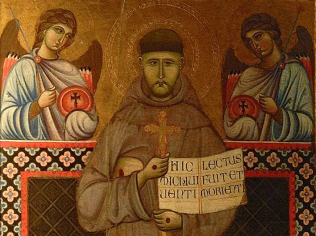 Particolare della tavola del Maestro di San Francesco raffigurante San Francesco stante fra due angeli, proveniente da Assisi ed esposta nella rassegna perugina