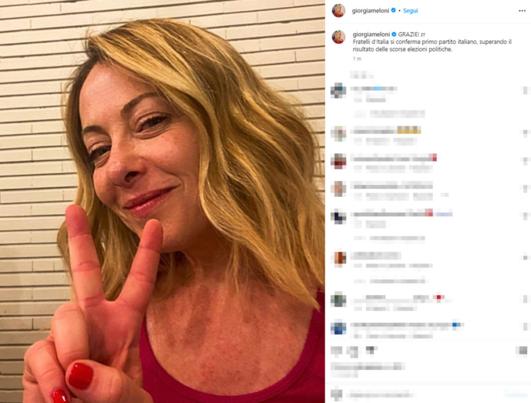 L’esultanza di Giorgia Meloni su Instagram per i risultati delle elezioni europee che confermano Fratelli d’Italia primo partito