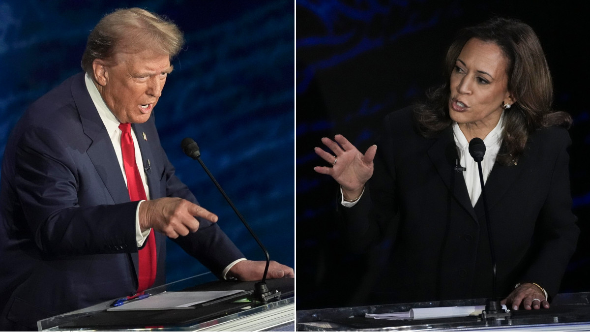 Il candidato repubblicano alla Casa Bianca Donald Trump e la sua avversaria democrat Kamala Harris durante il dibattito tv in vista delle presidenziali Usa, 10 settembre 2024