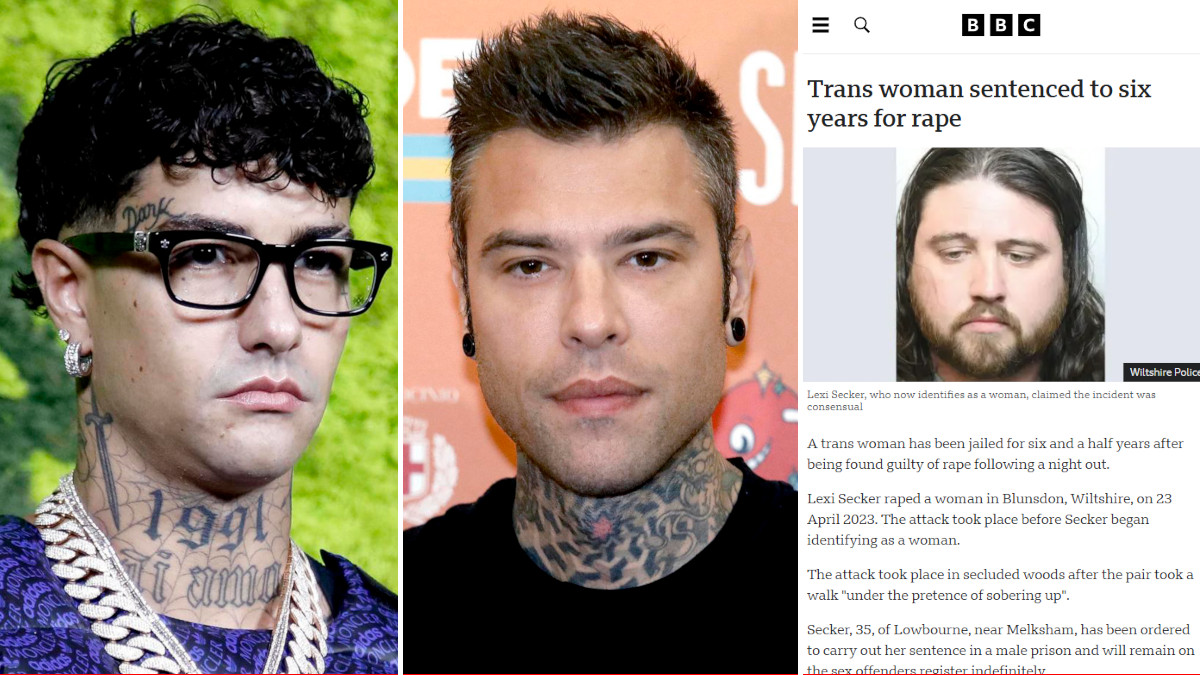 Da sinistra, i due cantanti Tony Effe e Fedez, protagonisti di una sfida a insulti in rime rap (foto Ansa), e la notizia della Bbc sulla condanna dello stupratore divenuto donna trans
