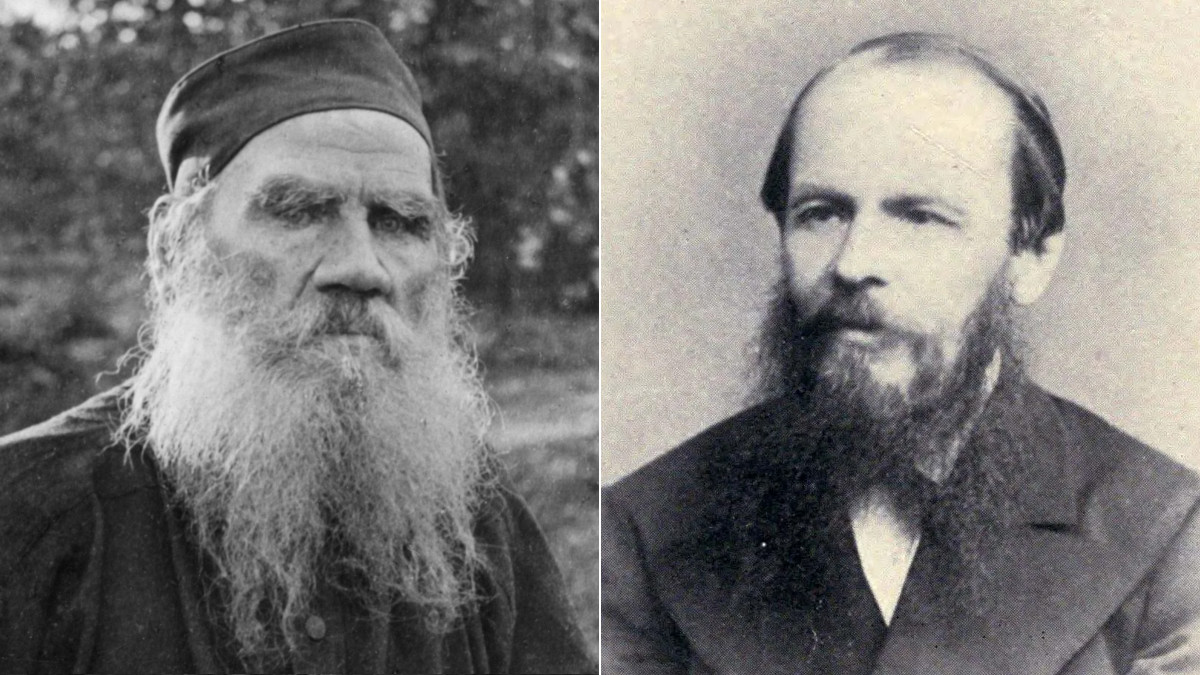 Primi piani di Lev Tolstoj e Fëdor Dostoevskij