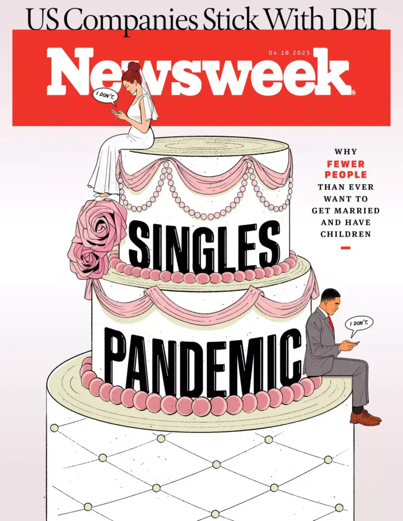 La copertina di Newsweek dedicata alla “pandemia dei single”, o di come i millennials e la generazione Z stianno abbassando i tassi di natalità in tutto il mondo
