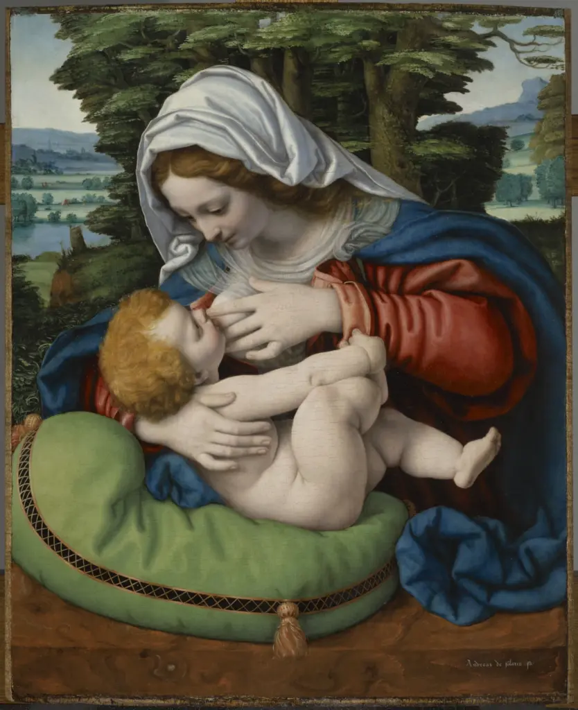 Andrea Solario, “Madonna con il Bambino” (“Madonna del cuscino verde”), 1510 circa, Tavola (tela incorporata nella preparazione), Parigi, Museo del Louvre, Département des Peintures (© GrandPalaisRmn, musée du Louvre / Michel Urtado)