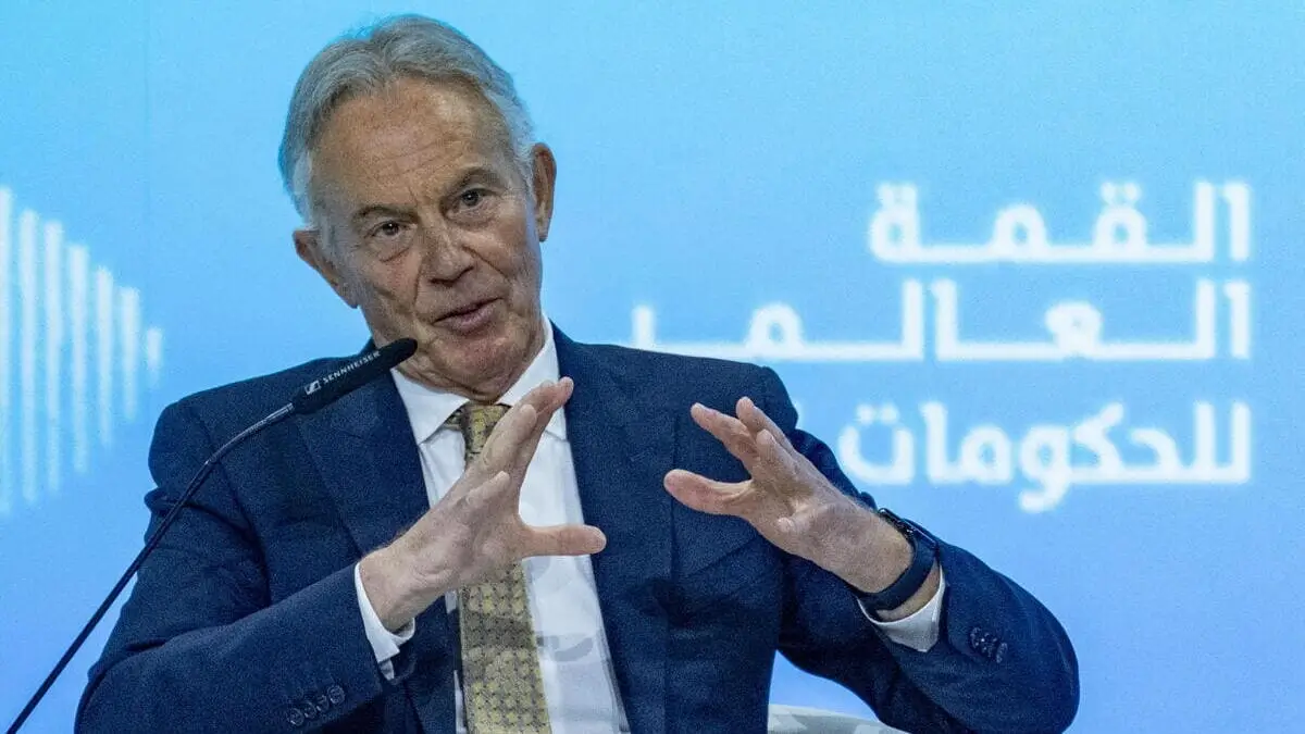 Tony Blair parla al World Government Summit a Dubai, Emirati Arabi Uniti, 13 febbraio 2024 (Foto Ansa)