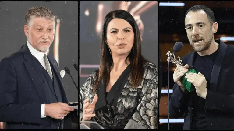 Il ministro della Cultura Alessandro Giuli, la conduttrice Geppi Cucciari e l’attore Elio Germano ai Premi David di Donatello 2025 (foto Ansa)