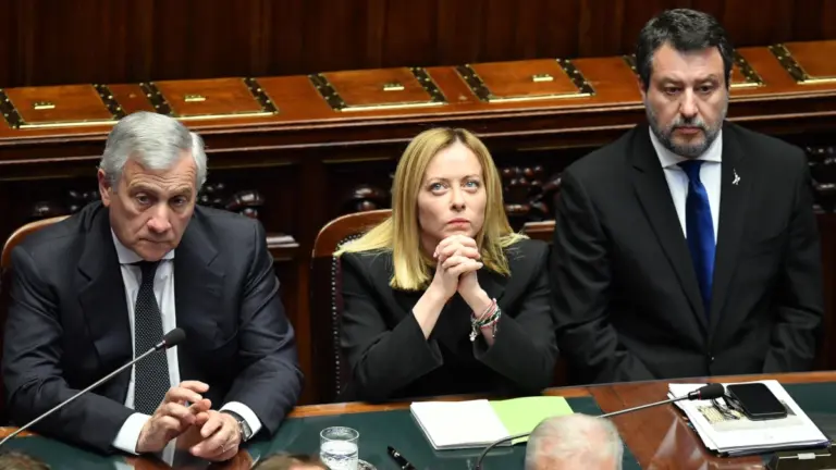 I leader della maggioranza di governo Antonio Tajani, Giorgia Meloni, Matteo Salvini (foto Ansa)