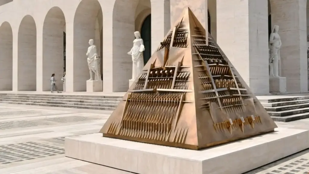 L’opera di Arnaldo Pomodoro “Il Potere”, esposta in occasione della mostra “Il Grande Teatro delle Civiltà”, concepita per la sede di Fendi nel Palazzo della Civiltà italiana di Roma nel 2023 (foto Ansa)