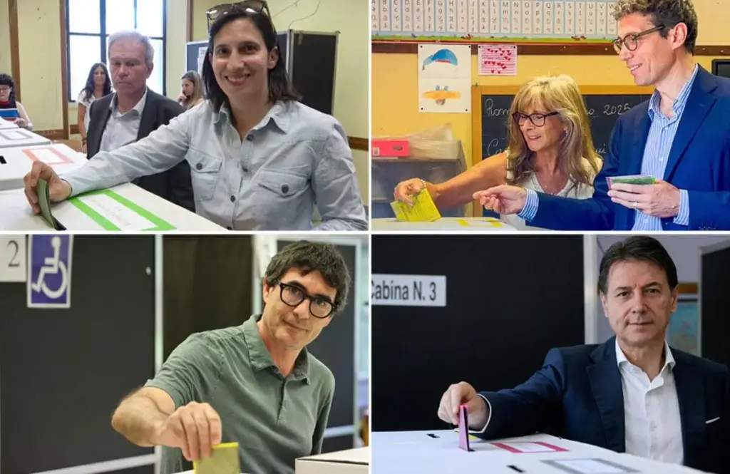 Da sinistra in alto: Elly Schlein, Riccardo Magi, Giuseppe Conte e Nicola Fratoianni al voto, Roma, 8 giugno 2025 (Foto Ansa)