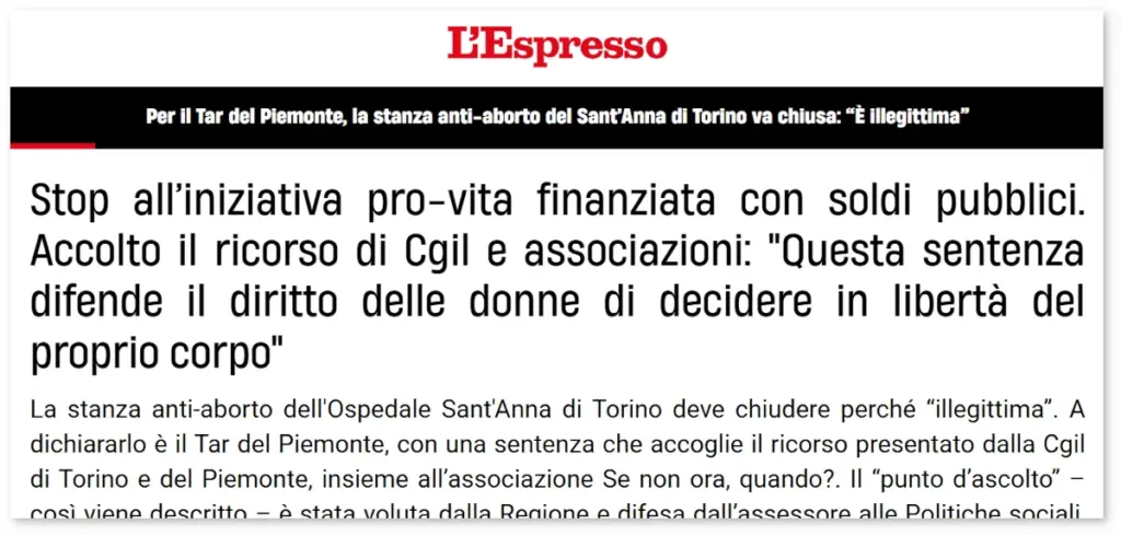 Titolo del sito del settimanale L’Espresso dopo la sentenza del Tar sulla “stanza dell’ascolto” all’ospedale Sant’Anna di Torino e la legge sull’aborto
