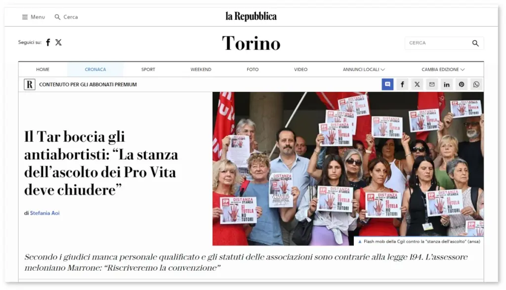 Titolo del sito quotidiano La Repubblica dopo la sentenza del Tar sulla “stanza dell’ascolto” all’ospedale Sant’Anna di Torino e la legge sull’aborto