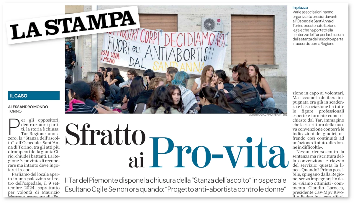 Titolo del quotidiano La Stampa dopo la sentenza del Tar sulla “stanza dell’ascolto” all’ospedale Sant’Anna di Torino e la legge sull’aborto