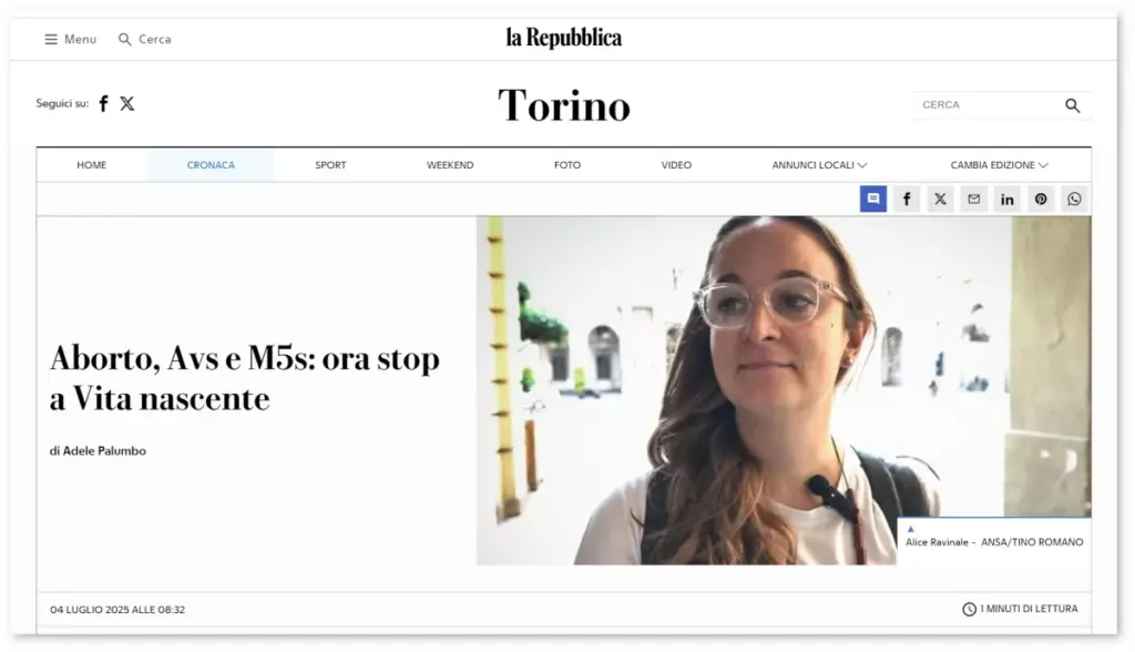 Titolo del sito quotidiano La Repubblica dopo la sentenza del Tar sulla “stanza dell’ascolto” all’ospedale Sant’Anna di Torino e la legge sull’aborto