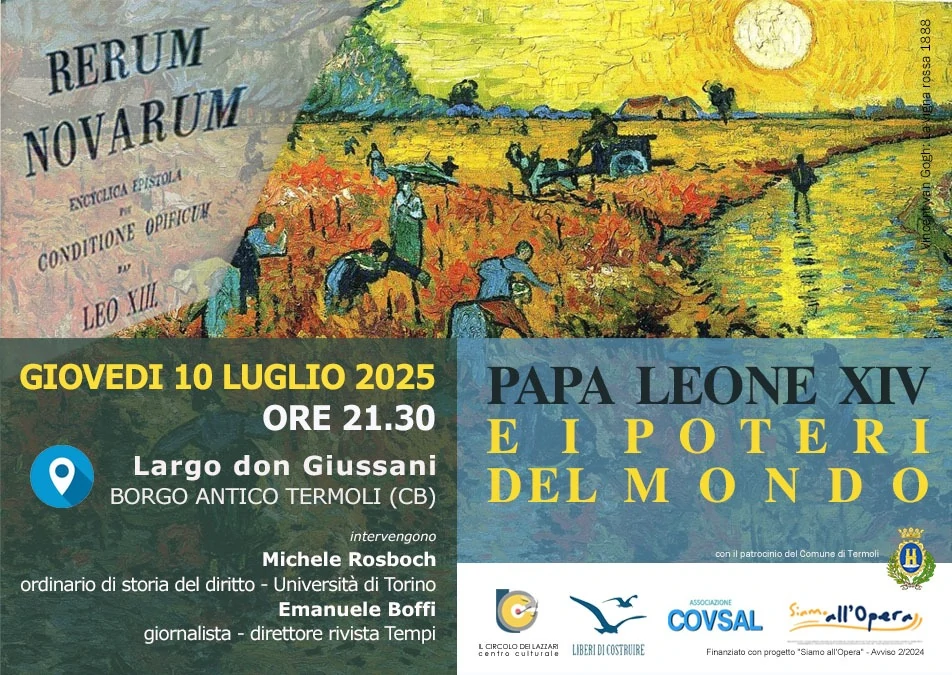 Locandina dell’incontro su “Papa Leone XIV e i poteri del mondo” con Michele Rosboch e Emanuele Boffi a Termoli
