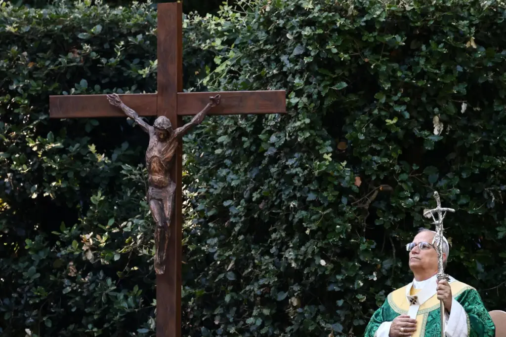 Leone XIV durante la Messa per la custodia della creazione a Castel Gandolfo, 9 luglio 2025 (foto Ansa)